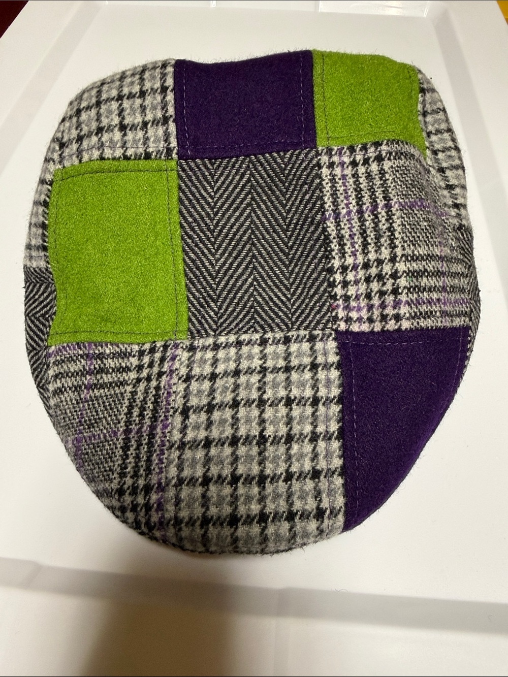 Zombie Boston Scally Patchwork Wool Flat Cap in Green & Purple - Men’s Hat